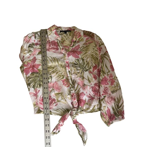 Larry Levine Women's Linen Blend Button Down Floral Front Tie Blouse Small - Picture 8 of 9